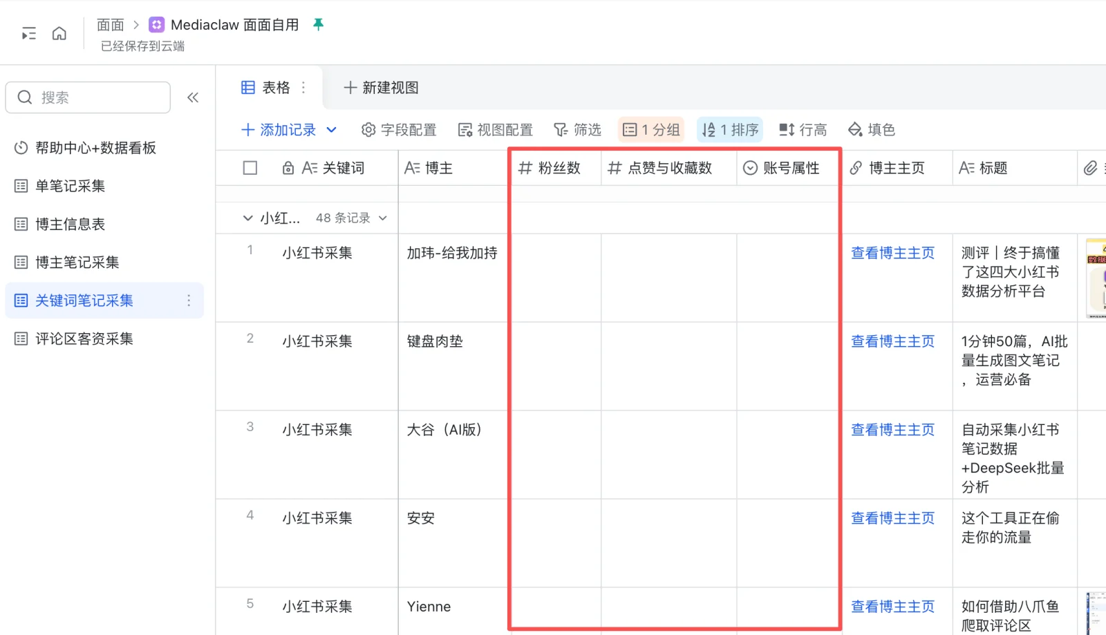 数据表中的博主信息字段